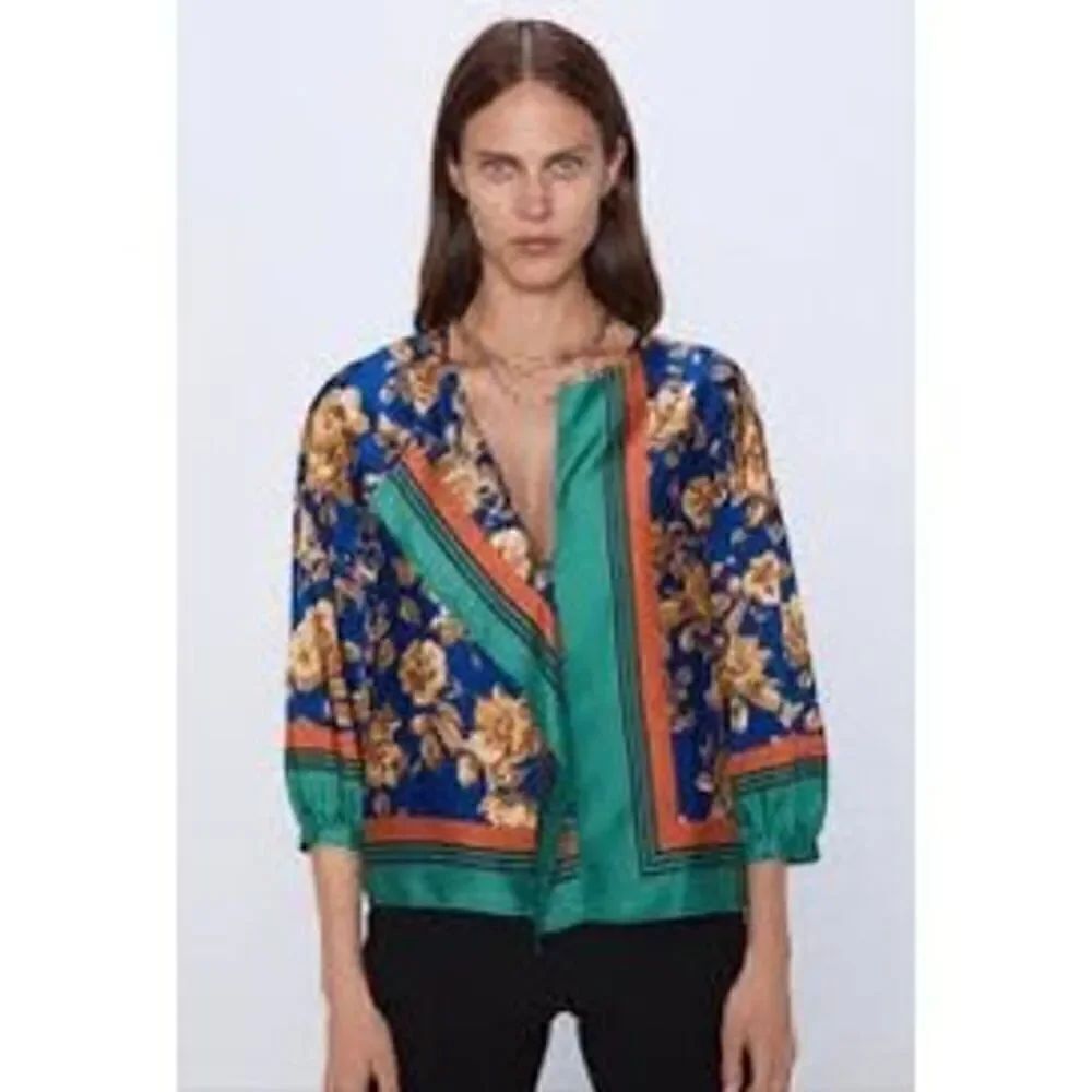 Zara Colorful Kimono Floral Pattern Blouse Size S